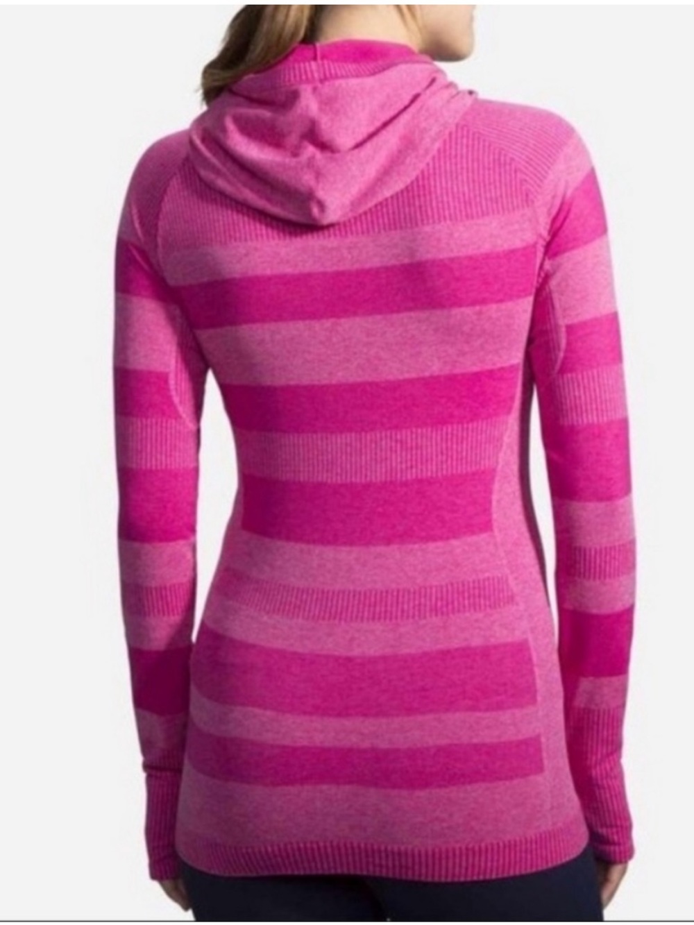 NWOT Brooks Run Happy Streaker' Seamless Hoodie Long Sleeve Stripes Medium Pink - Picture 2 of 11